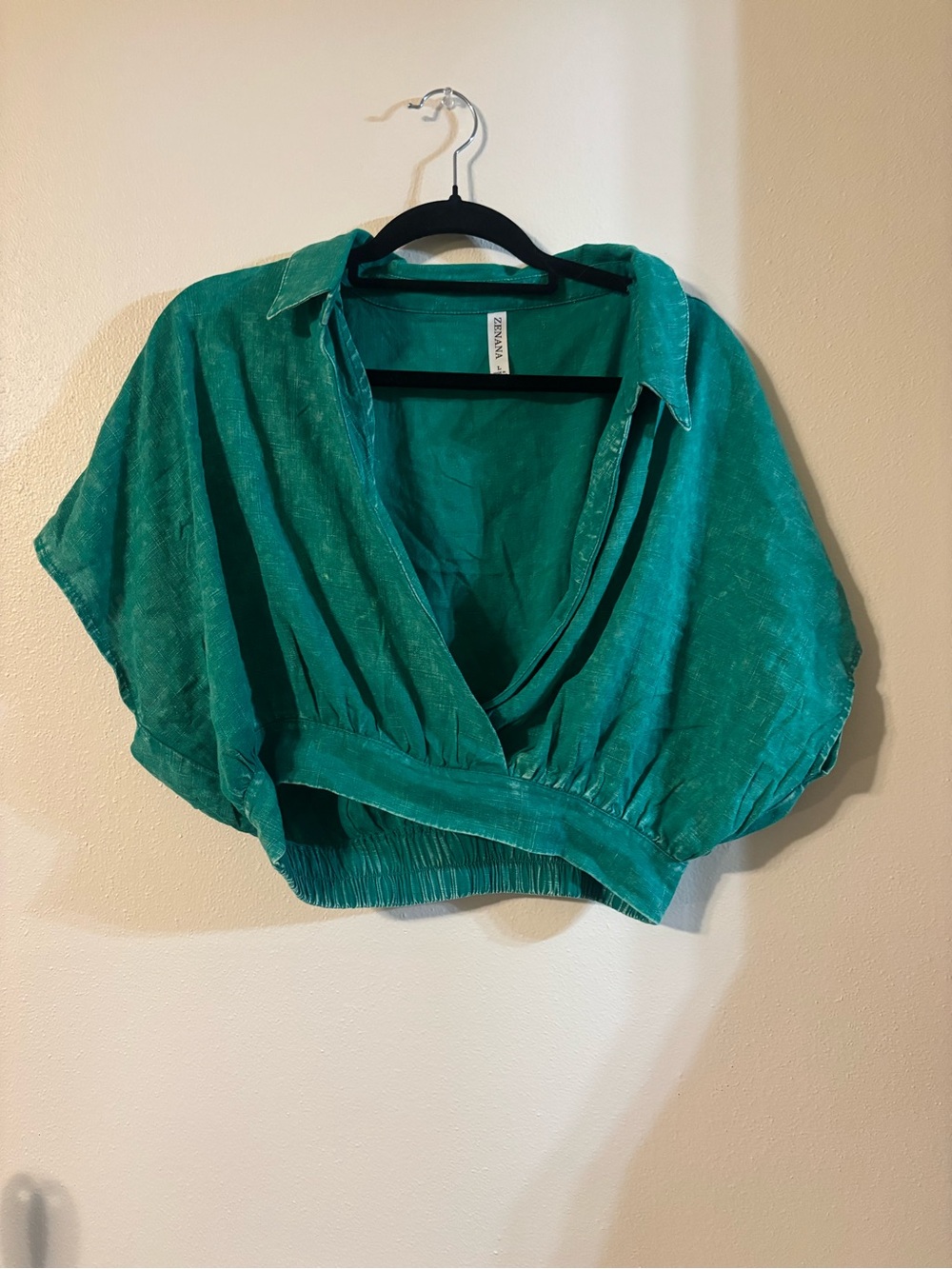 Zenana Outfitters Teal V-Neck Cropped Blouse with Dolman Sleeves